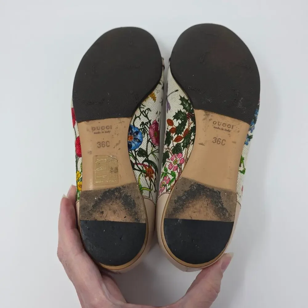 Gucci Horsebit Ballerina Floral Vintage Bamboo Flats Canvas Leather IT 36C 6